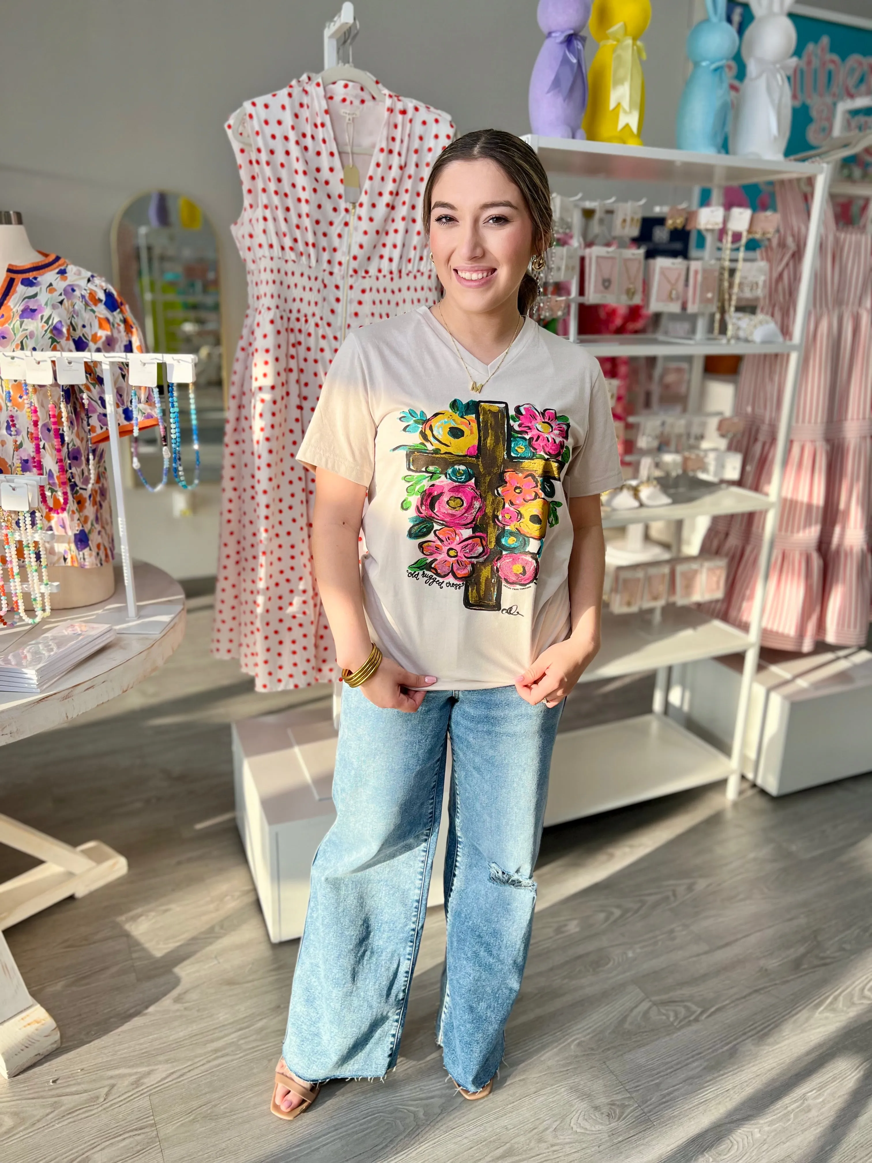 CALLIE RUGGED CROSS V NECK TEE