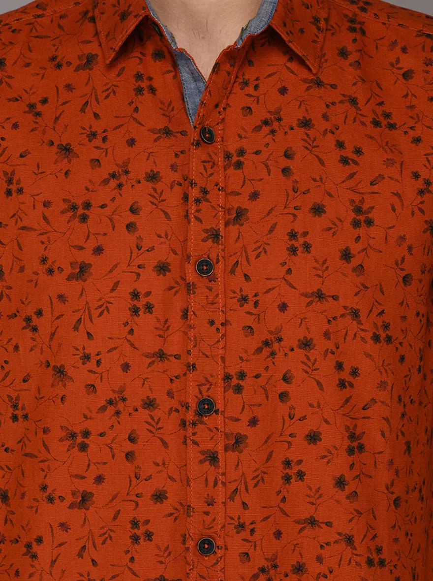 JadeBlue Dark Orange Printed Slim Fit Casual Shirt | JadeBlue